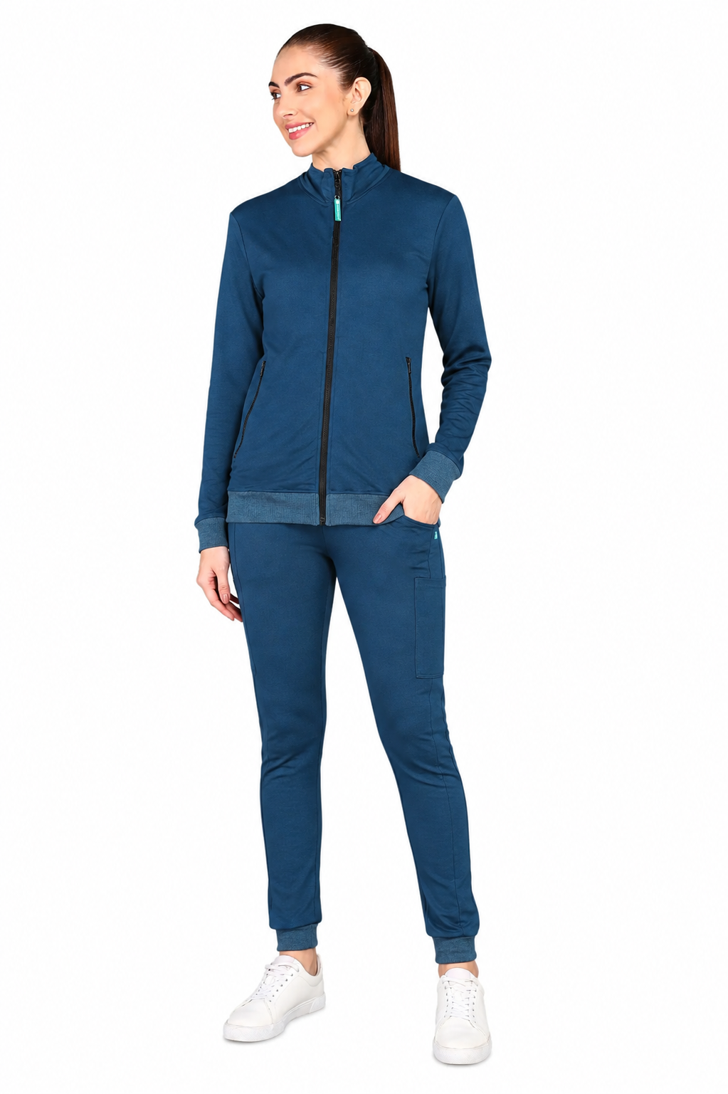 Teal Navy Turtle Neck Scrub Jogger Set for Women with 4-Way Stretch