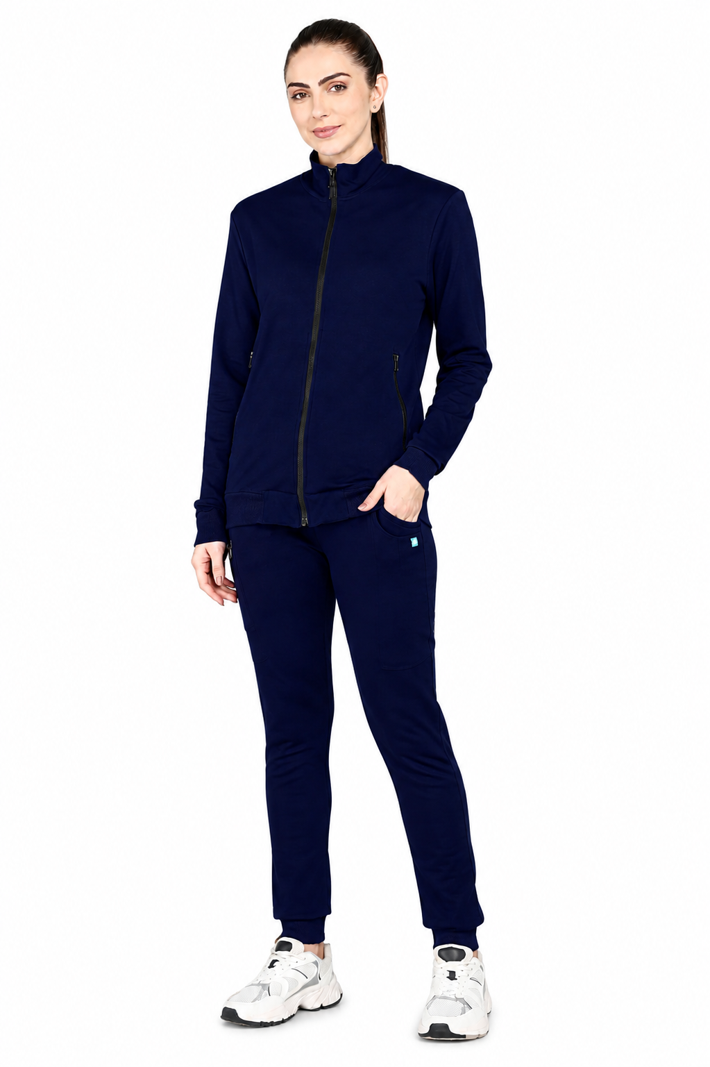 True Navy Turtle Neck Scrub Jogger Set for women with 4-Way Stretch