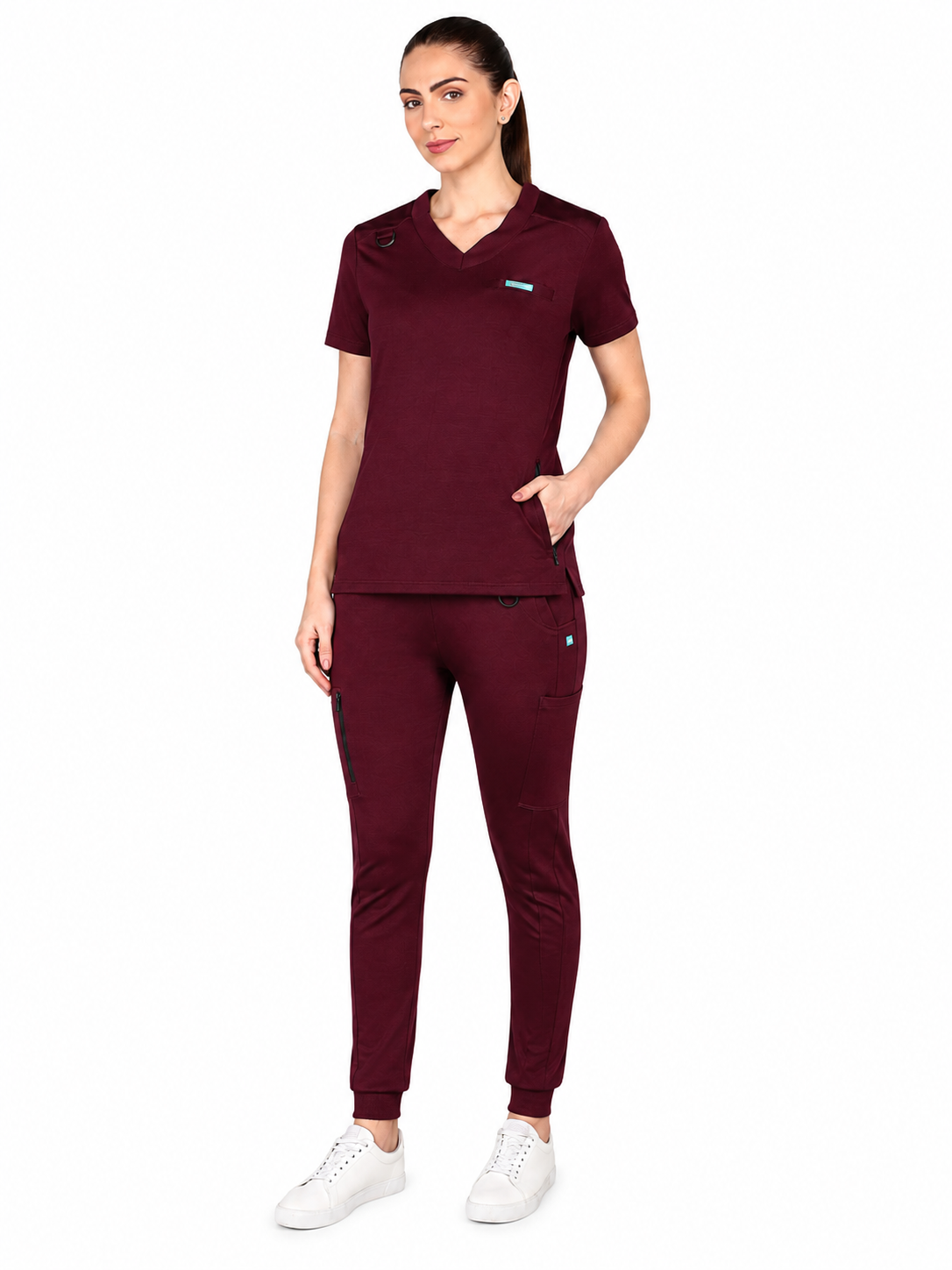 4-Way Stretchable Women's Maroon Top & Jogger Bottom Scrub Set
