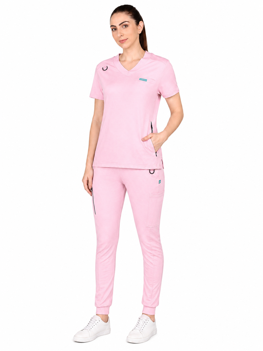 4-Way Stretchable Women's pink Top & Jogger Bottom Scrub Set