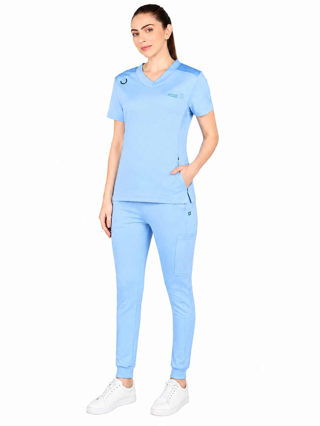 4-Way Stretchable Women's Sky Blue Top & Jogger Bottom Scrub Set