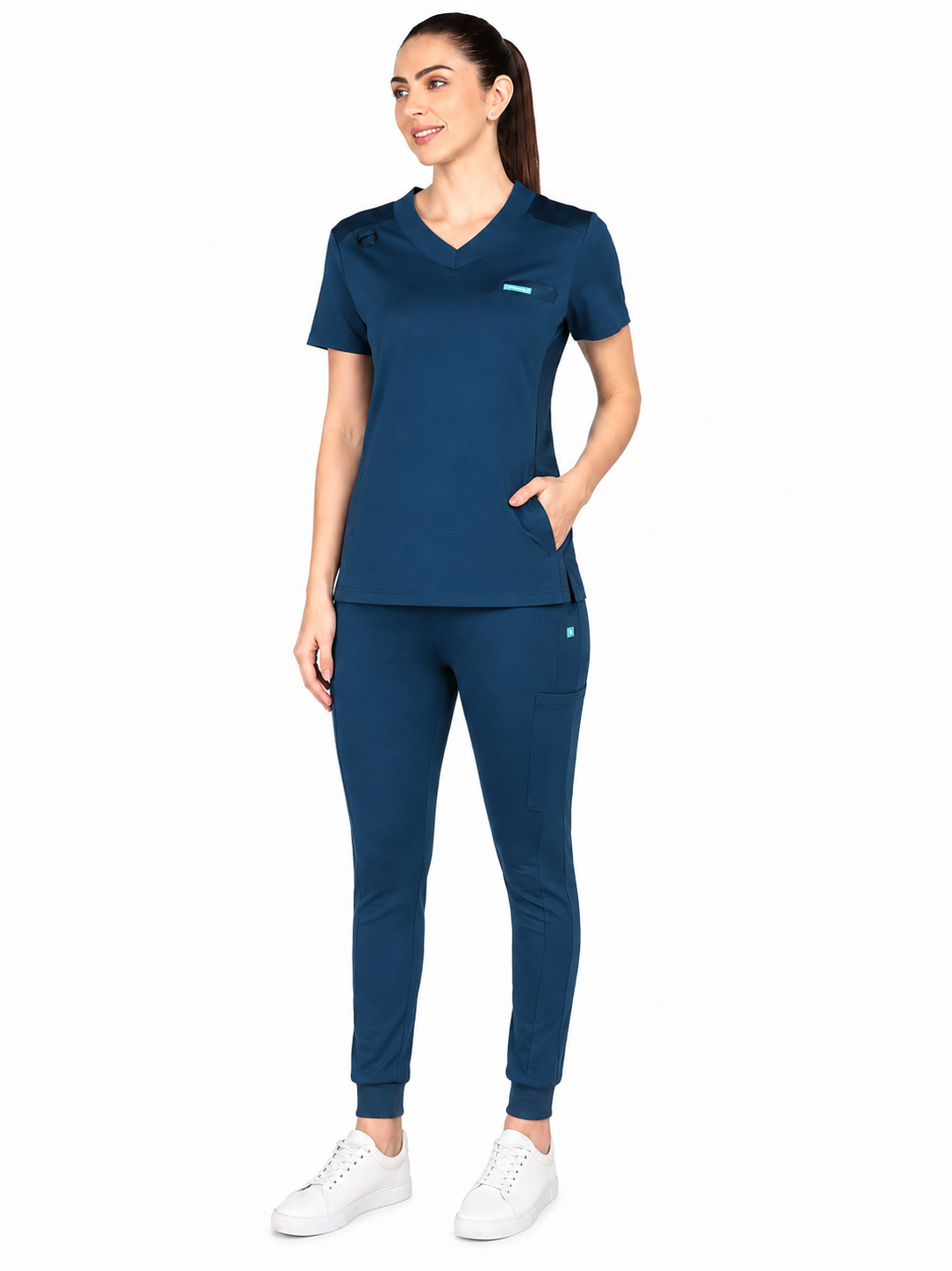 4-Way Stretchable Women's Teal-Navy Top & Jogger Bottom Scrub Set